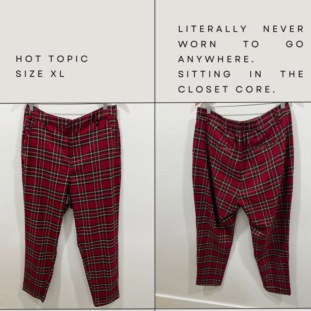 Plaid red with black long pants.